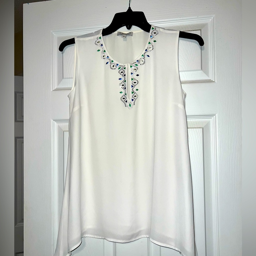 Chaus New York sleeveless top with blue and green embellishments.